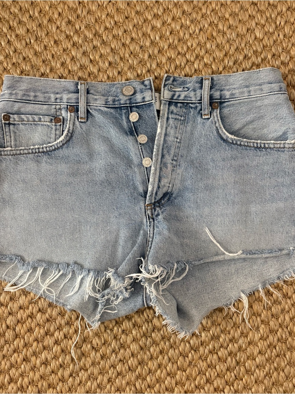 Agolde Light Blue Distressed Denim Cutoff Shorts